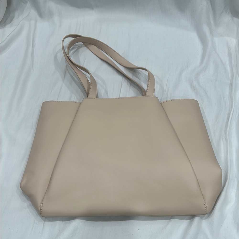 Cream Textured Leather Trapezoidal Tote Bag